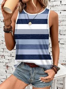SHEIN LUNE 大码夏季休闲撞色条纹背心 - 藍色 - 查看 1