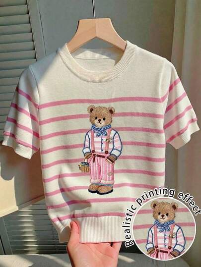 CovetEZ Women's Knitted Striped Bear Print Tee, Niche College Style Brand, Viral Bear Series, Really Cute Round Neck Short Sleeve, Suitable For Spring & Summer