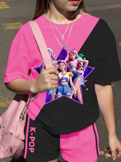 1 Set Of Tween Girls Casual Fashion Cool Cartoon K-POP Girl Pattern Color Block Print Short-Sleeved Round Neck T-Shirt And Shorts Set, Suitable For Spring And Summer Outings. K-POP Idol Anime Girl Print T-Shirt Set, Summer Outfits.