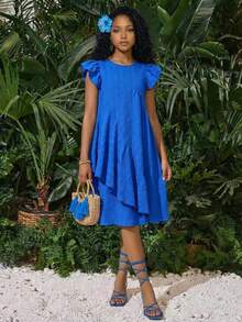 SHEIN Teen Girl Casual Vacation Solid Blue Woven Textured Flutter Sleeve Asymmetrical Ruffle Hem A-Line Dress, Spring/Summer - Blue - View 1