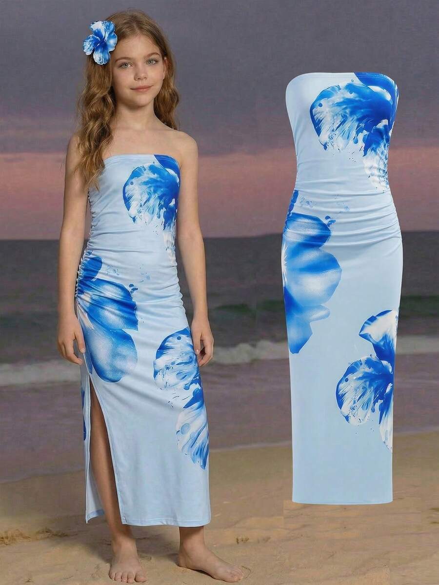 SHEIN Tween Girl Floral Print Asymmetric Hem Elegant Vacation Dress Midi Dress Summer Dress Bodycon Dress Strapless Dress Tropical Print Dress - Blue - View 1