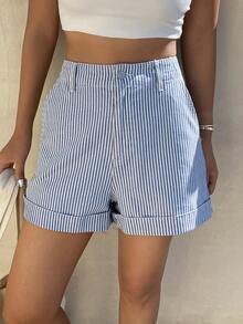 DAZY Women's Striped Cuffed Pocket High Waist Casual Versatile Denim Shorts, Spring/Summer Jorts - Blue - View 7