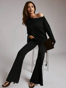 Hauture Women's 2 Pieces Set Off Shoulder Semi Sheer Knit Loose Top With Flare Maxi Pant - Black - View 5