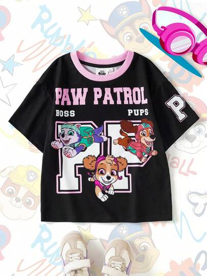 SHEIN | PAW Patrol Áo thun tay ngắn cổ tròn in hình hoạt hình và chữ cái, kiểu dáng thường ngày, dành cho bé gái.