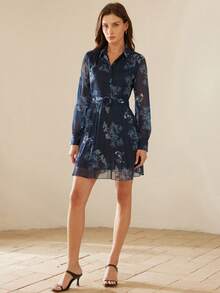 Aveloria Rosie Vestido con botones y cinturón con estampado de flores, atuendo de vacaciones para mujer - Azul Marino - Ver 3