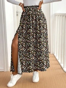 SHEIN Frenchy 女士休闲度假高开衩伞裙，适合夏季，碎花裙，女士度假装扮 - 彩色 - 查看 6