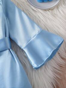 Newborn Baby Dressing Gown With Ruffles In Solid Silk Fabric, Soft Solid Tie Cute And Comfortable In Summer 2026 New Baby Set - Blue - View 7