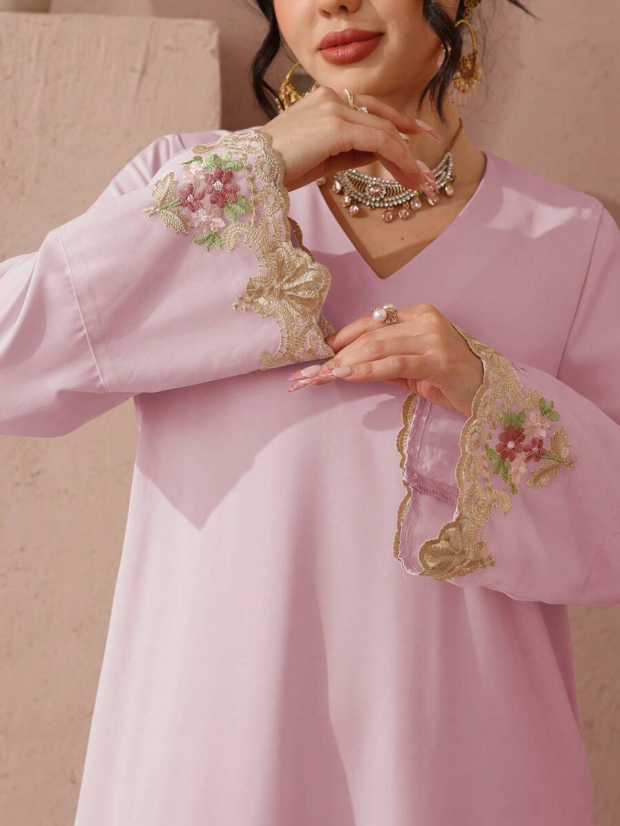 Al Najma Áo Abaya thêu thanh lịch dành cho phụ nữ - Hồng - Xem 1