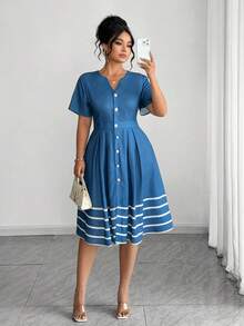 SHEIN Elenzya Vestido de verano elegante y de gran tamaño tejido al estilo francés para mujer - Azul - Ver 5