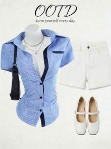 Lalippa Women Blue And White Striped Short Sleeve Shirt Regular Length Casual Woven Fabric Blouse With Shirt Collar - Blue and White - View 3