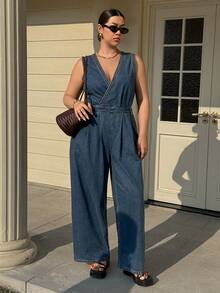 Dazy Plus Plus Size Women Vintage Washed Denim Deep V-Neck Sleeveless Jumpsuit, Spring/Autumn - Dark Wash - View 5