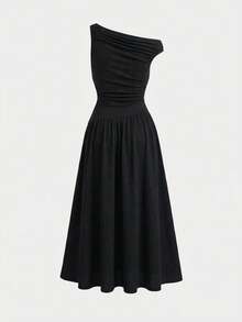 Girlism 少女优雅通勤修身无袖褶皱纹理中长连衣裙，黑色 - 黑色 - 查看 2