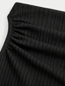 Girlism 少女优雅通勤修身无袖褶皱纹理中长连衣裙，黑色 - 黑色 - 查看 4