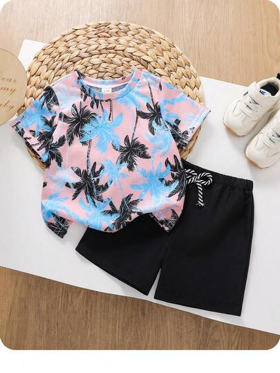 男婴/女婴夏季海滩度假可爱图案针织短袖T恤和纯色弹力腰短裤两件套