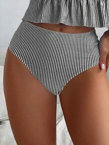 Swim Basics 女士夏季沙滩条纹荷叶边吊带泳衣套装 - 黑色 - 查看 3