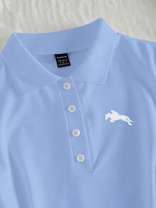 Elamini 女士春夏款 Polo 领刺绣休闲短袖连衣裙 - 淺藍色 - 查看 4