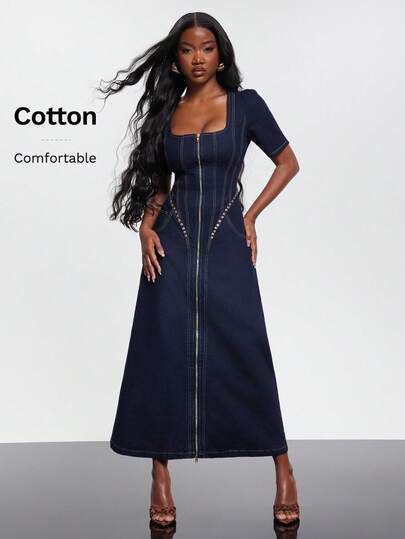 NYA SZN 短袖A字飘逸滑雪连衣裙，拉链细节，适合特殊场合、活动、约会、早午餐、生日、伊比沙岛度假、浪漫、深色水洗及地长款秋冬女装