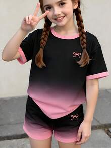 2pcs/Set Tween Girl Spring/Summer Casual Fashion Black & Pink Ombre Bow Print T-Shirt & Shorts Set - Multicolor - View 3