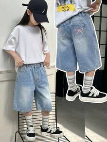 SHEIN Tween Girls 2026 Summer New Washed Blue Bow Embroidered Denim Shorts High Waist Elastic Waist Loose Wide Leg Mid-Length Shorts Pink 3D Bow Decoration Sweet Cute School Style Versatile Snug Fit Daily Wear Vacation Music Festival Summer Shorts Jeans Kawaii Jeans Denim For Kids Girl Short Jeans For Kids Short Baggy Jeans Jeans With Bows Kids Denim Shorts Yk2k Jeans Baggy Short Jeans Youth Ice Cream Shorts - Light Wash - View 2