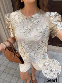 SHEIN Clasi 女款優雅香檳色夏季茶會上衣，珍珠裝飾圓領花瓣袖提花半透明復古上衣，休閒社交款 - 香檳色 - 查看 9