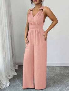Rafferiza V-Neck Tie-Waist Wide Leg Jumpsuit, Blue Women's Jumpsuit, Women's Summer Casual Vacation Outfit, Women's Jumpsuit - Pink - View 6