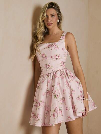 Enchnt Đầm mini dáng chữ A cổ vuông in hoa dành cho nữ