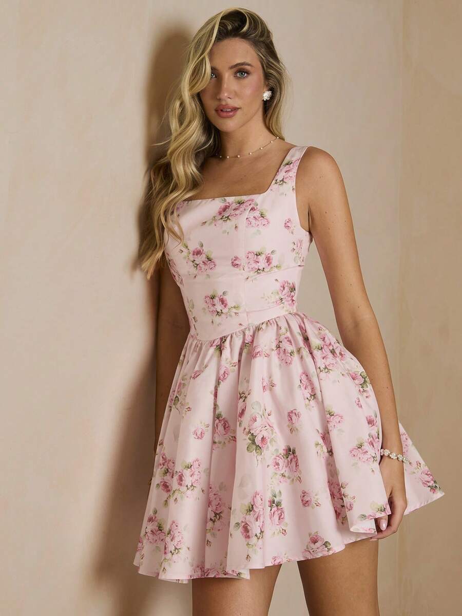 Enchnt Đầm mini dáng chữ A cổ vuông in hoa dành cho nữ - Hồng - Xem 1