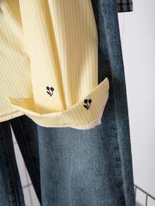 1 chiếc áo khoác cardigan dài tay cổ bẻ kẻ sọc cho bé gái tuổi teen, có họa tiết thêu phía trước, kiểu dáng thường ngày cho mùa thu. - Màu vàng - Xem 4