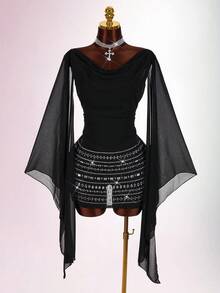 Amplova 两件套女士缎面露背修身甜美连衣裙套装，背部饰有水钻，闪亮水钻点缀裙摆，适合派对、秋冬季穿着。 - 黑色 - 查看 4