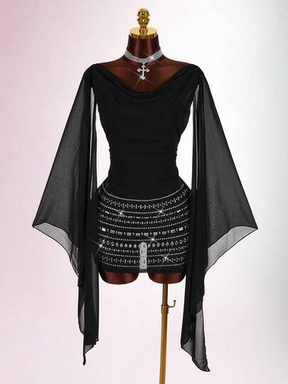 Amplova 2pcs Women's Satin Backless Waist Fitted Sweet Dress Set With Rhinestone Decor Back, Sparkling Rhinestone Embellished Skirt Suitable For Party, Autumn/Winter