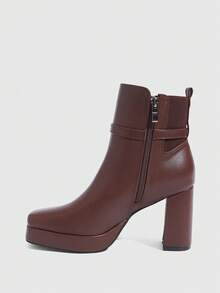 Daringsoles 女士厚底方头性感防水高帮拉链秋冬靴搭扣经典皮靴拼接性感棕色 - 咖啡棕 - 查看 9