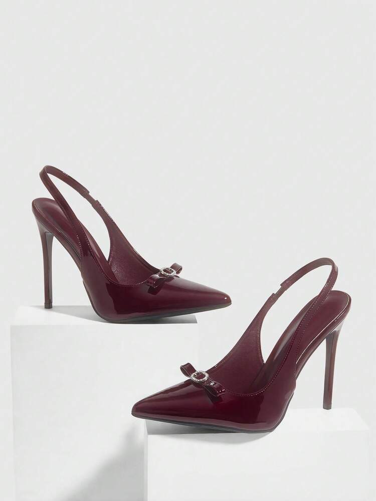 CUCCOO SZL Women Shoes Pointed Thin High Heel Burgundy Bow Diamond Buckle Slingback Women's High Heel Shoes Fashion Sexy Dinner Party Women's Shoes