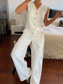 DAZY Conjunto casual de mujer con chaleco de mezclilla de frente abierto, ajustado y sin mangas, y pantalones vaqueros rectos y sueltos - Blanco - Ver 6