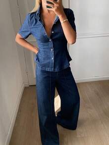 DAZY 女士翻领短袖收腰牛仔开衫搭配宽松牛仔裤休闲套装 - 深色水洗藍 - 查看 4