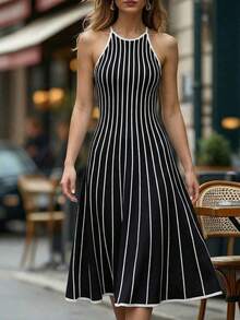 Franclia New Vintage Striped Patchwork Contrast Color Round Neck Sleeveless Knitted Dress For Women - Black - View 7