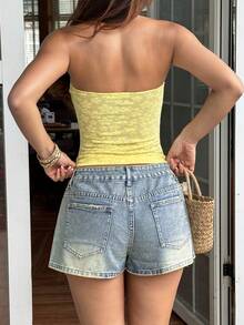 Sunnyshic 女士休闲毛边口袋牛仔短裤 - 藍色 - 查看 2