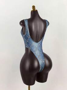 SaltGleam SaltGleam Women's Fashion Street Style Faux Denim Print Square Neck Thick Strap Backless Bodysuit Y2k Tankini Western Bathing Suit Rhinestone Swimsuit Western Swimsuits Denim Swimsuit Swimsuits For Woman Blue Y2k Bathing Suit Rhinestone Bodysuit Beaded Swimsuit - Blue - View 2