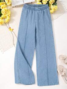 Y2K Washed Light Blue Asymmetric Elastic Waist Loose Straight Leg Jeans,Summer Streetwear Teen Holiday Back-To-School Comfortable Versatile Outings - Light Wash - View 3