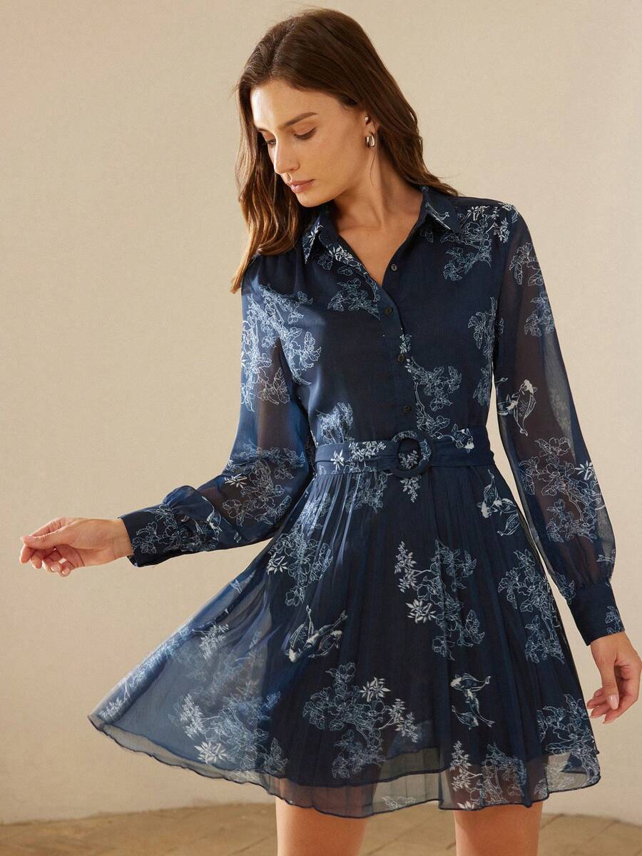 BELROSIE Flower Print Belted Button Front Dress Vacation Outfits Woman  - Navy Blue - View 1
