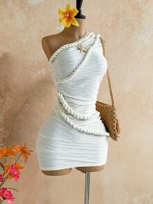 Soleia New Vacation Braided One Shoulder Slim Fit Mini Dress, Bohemian, Boho, Vacation, Fall Women Clothes, Vintage, Holiday,Summer Dresses For Women - White - View 3