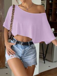 Muchica Light Purple Knit Loose Batwing Shoulder T-Shirt For Women - Lilac Purple - View 4