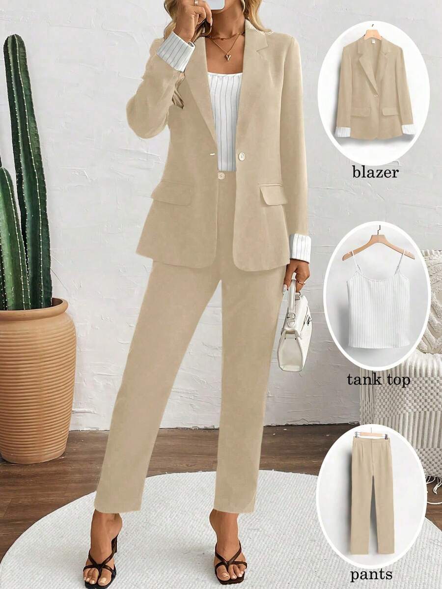 EMERY ROSE 女士条纹吊带背心、单排扣长袖外套和长裤休闲通勤套装 - 卡其色 - 查看 1