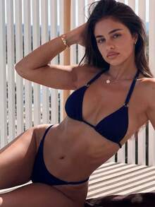 SHEIN Luminelle New Arrival Spring/Summer Halter Neck Triangle Cup Thong Bikini Set, Sexy Women's Swimsuit - Navy Blue - View 1