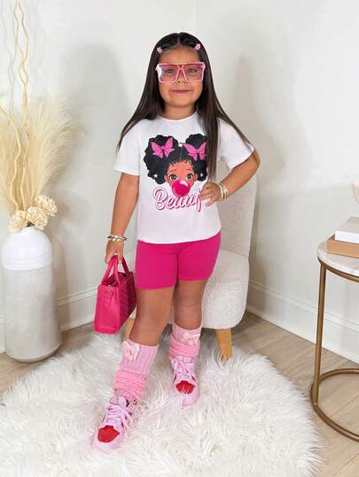 Young Girl Casual Street Style Cute Girl Portrait Print Short Sleeve Top And Pink Shorts Set