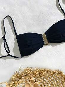 SHEIN Swim Áo bơi nữ màu trơn cho kỳ nghỉ và bãi biển, bộ bikini nữ, áo bơi nâng ngực, áo bikini nâng ngực, áo bơi nâng ngực, đồ bơi nâng ngực - Màu xanh hải quân - Xem 5