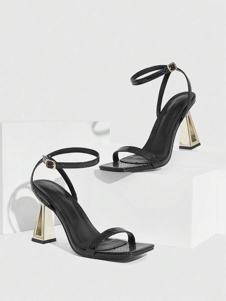 CUCCOO SZL Women's Gold Square Toe Chunky Heel Slip On Sandals, Sexy And Versatile