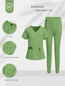 TaskEZ Solid Color Short Sleeve Pocket Top And Pants Scrub Uniform Set - Green - View 5