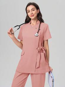 Scrubzie Anti-Wrinkle Short Sleeve Tie-Up Long Shirt And Long Pants Scrub Uniform Set - Dusty Pink - View 4