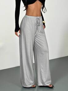 SHEIN PETITE 女士休闲针织条纹宽松阔腿长裤，舒适时尚，日常通勤 - 黑色 - 查看 7