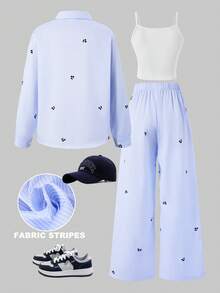 Sparklyn 3件套女童休闲套装：蓝色樱花印花翻领长袖宽松开衫、白色吊带背心和松紧腰阔腿裤，秋季款 - 藍色 - 查看 2